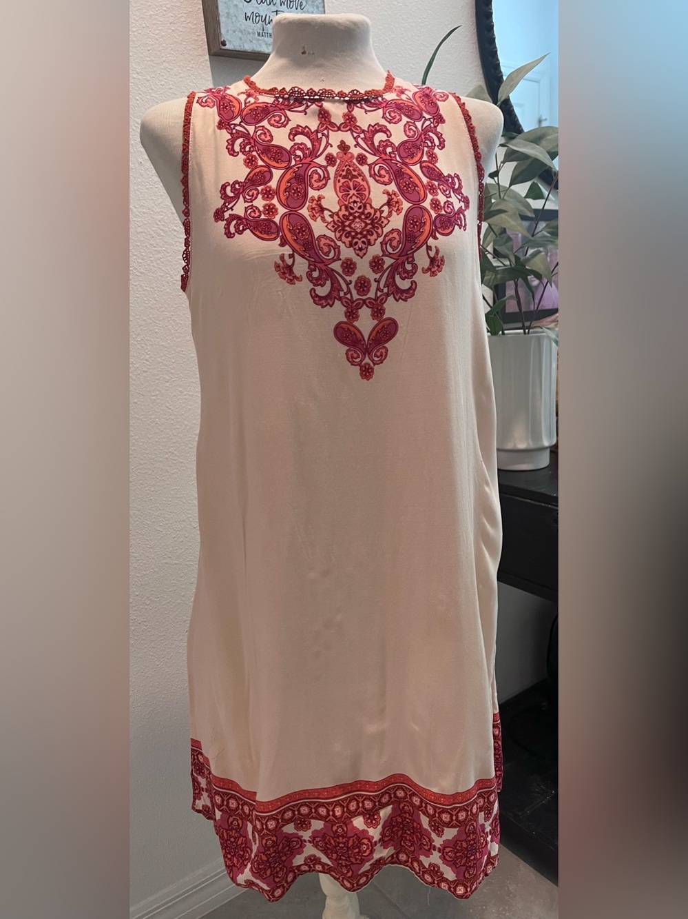 Taylor & Sage Cream Tank with Pink Paisley Motif